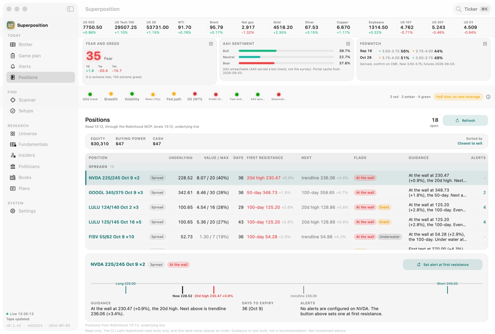 Superposition positions view with open spreads sorted by closest to exit
